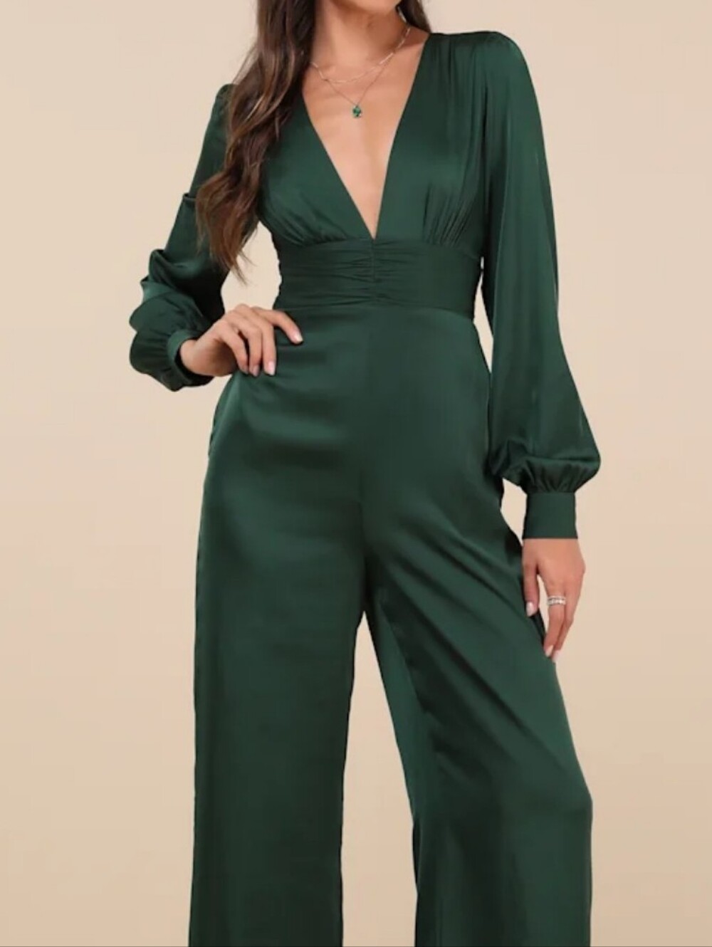 NWT Lulus Deep Green V-Neck Satin Jumpsuit